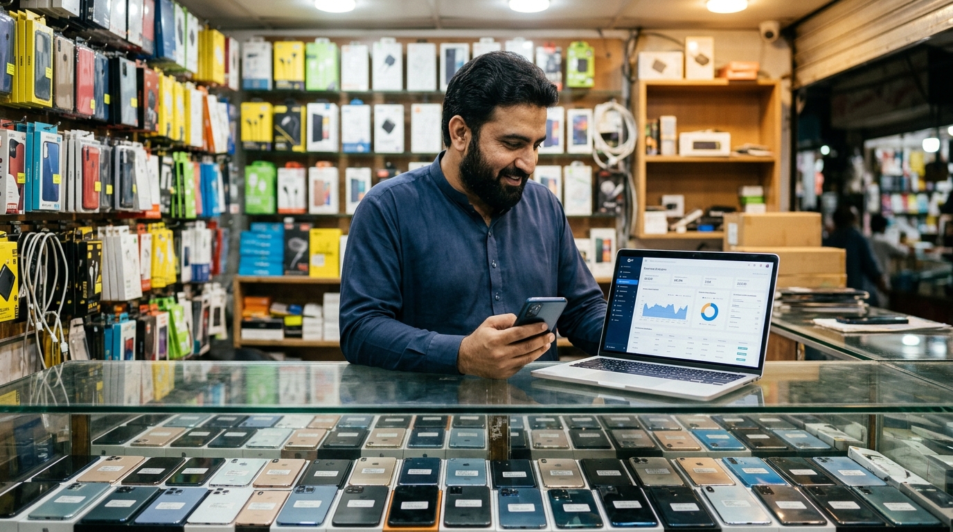 Mobile shop owner in Pakistan comparing business software on a laptop and phone at his counter